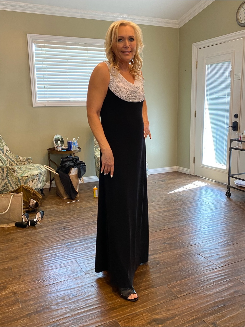 Alex Evenings Black Maxi Dress with white Beaded Cowl